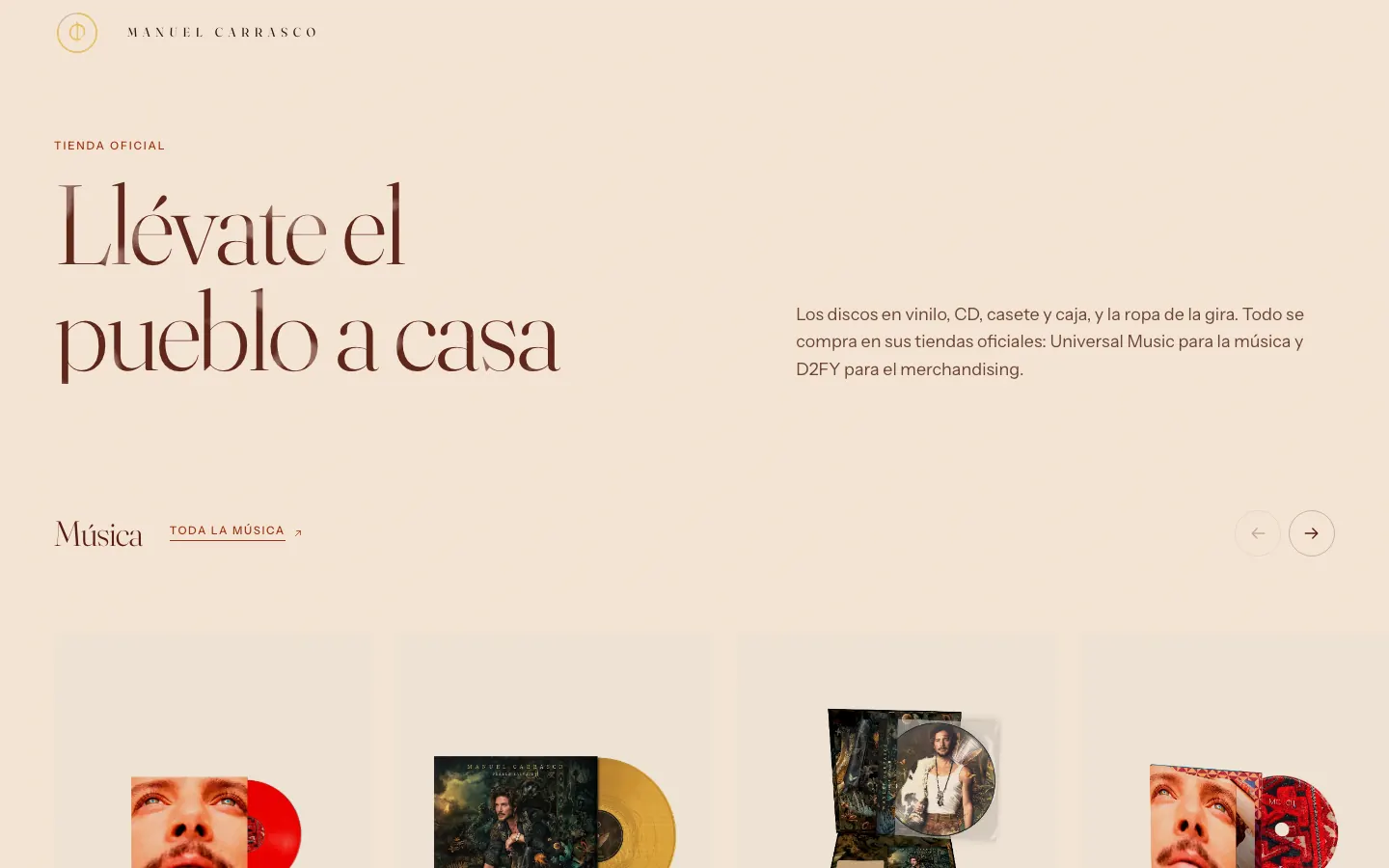 Redesign of Manuel Carrasco's official website: carrasco rediseno tienda