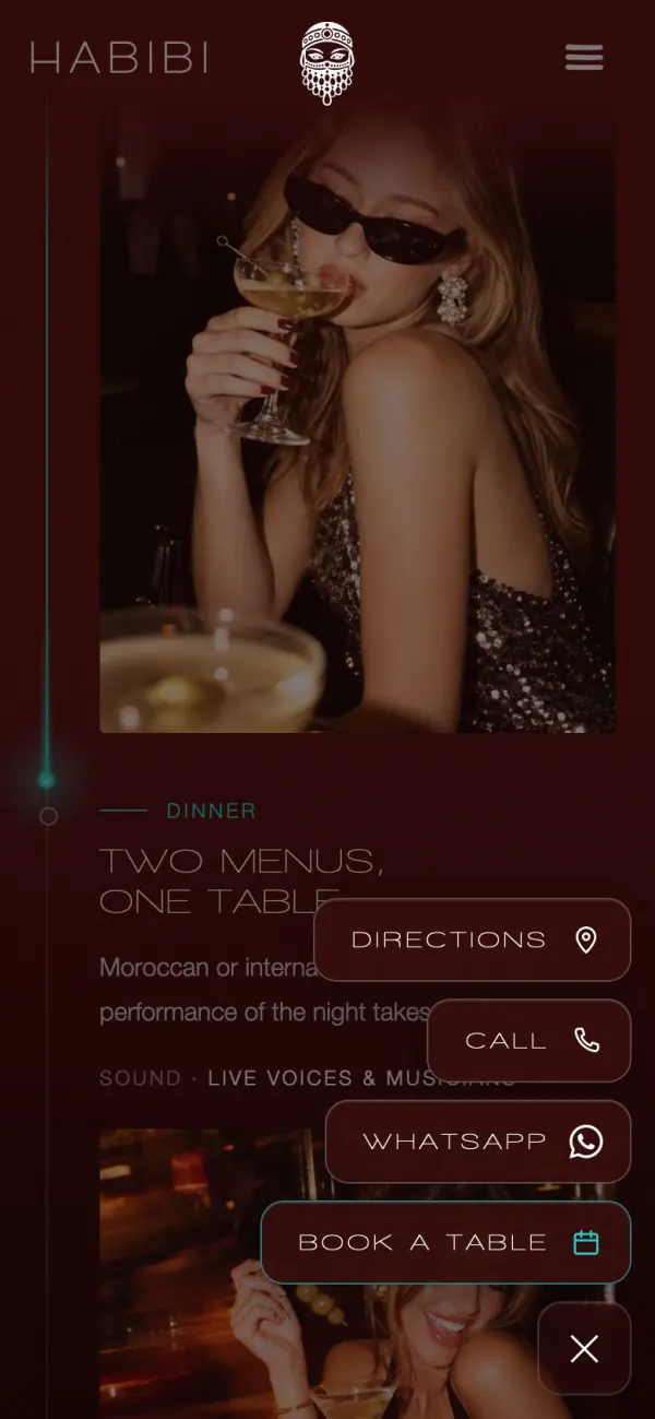 Cinematic website for a dinner-and-show rooftop in Marrakech: habibi movil reserva