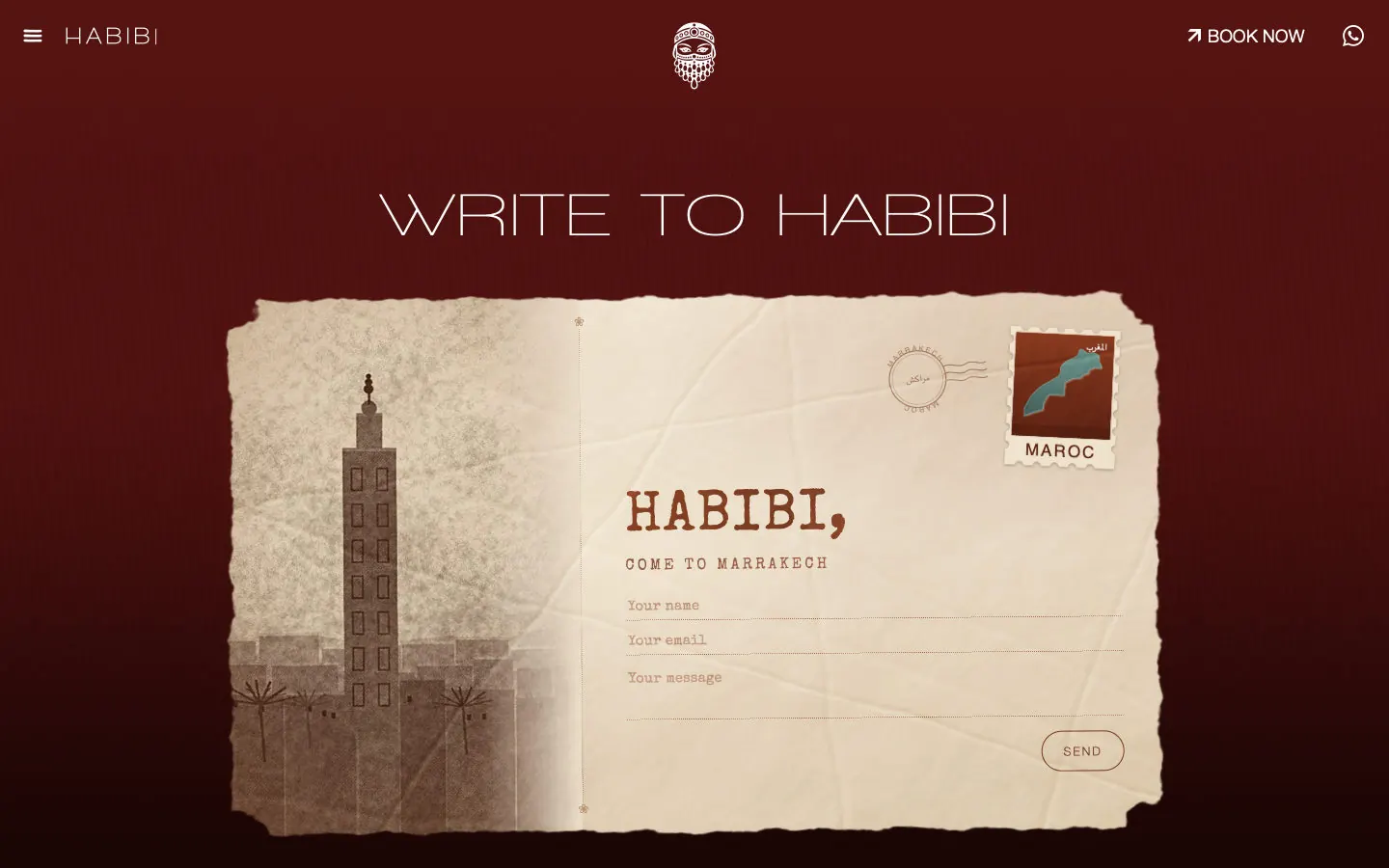 Cinematic website for a dinner-and-show rooftop in Marrakech: habibi postal